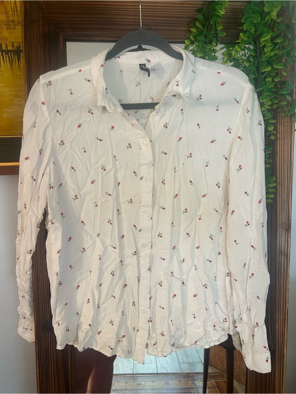 Womens White Button-Up Shirt with roses Micro Floral Print